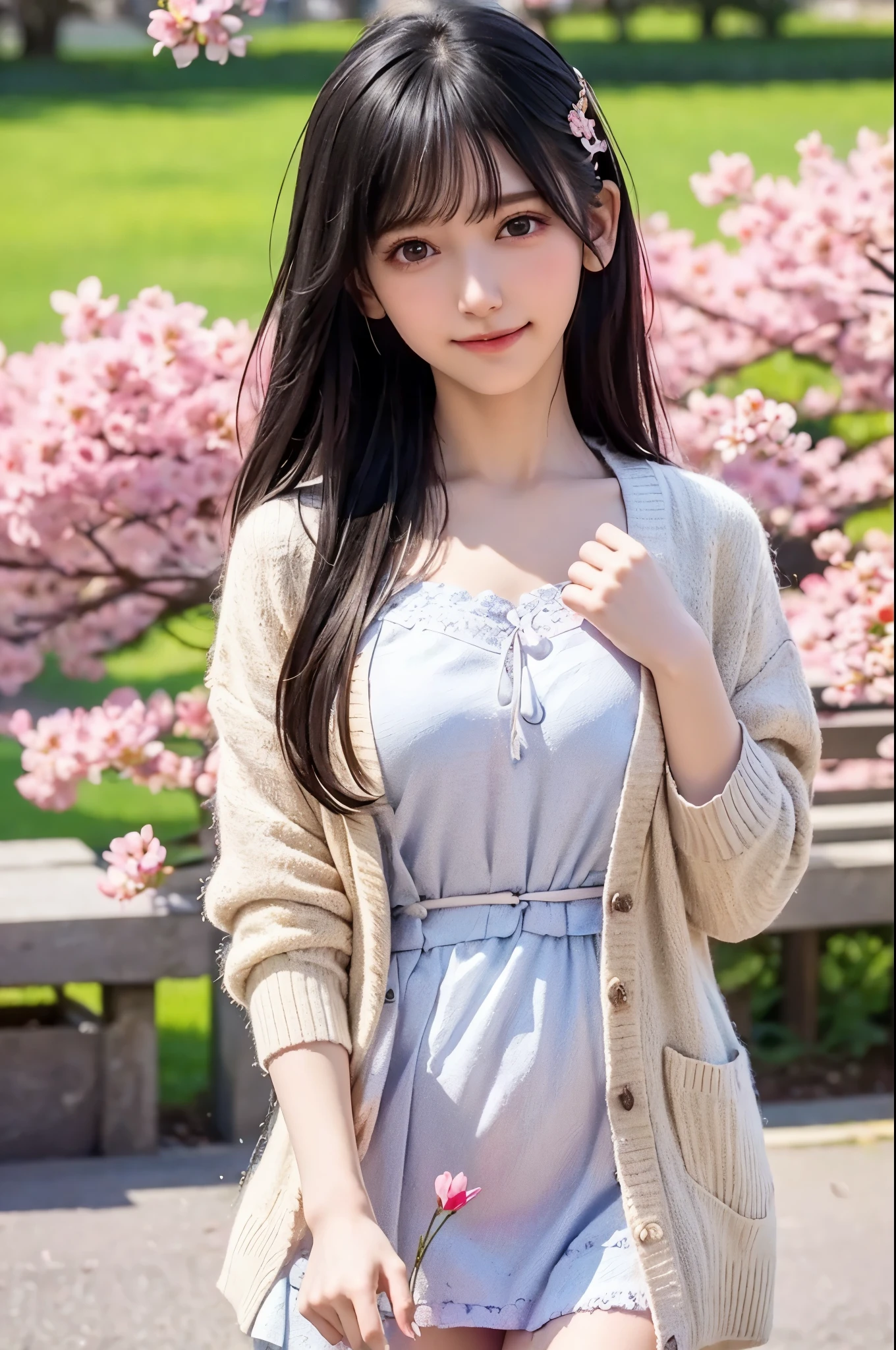 High image quality , 8k, Best Quality,  Details, Semi-realistic animations , 3d anime style sex  ,  Smooth Animated CG  ,  one girl playing pranks ,  A 20-year-old Japanese woman  , slim, modeling, Shiny black hair,  Detailsな顔, Beautiful and  Details,  growing skin  ,  Hard Focus  、  film grain ,  soft lighting ,  I'm looking at this、smile, ( woman wearing floral dress and cardigan),A spring park with cherry blossom petals falling、Enjoy a picnic by the pond