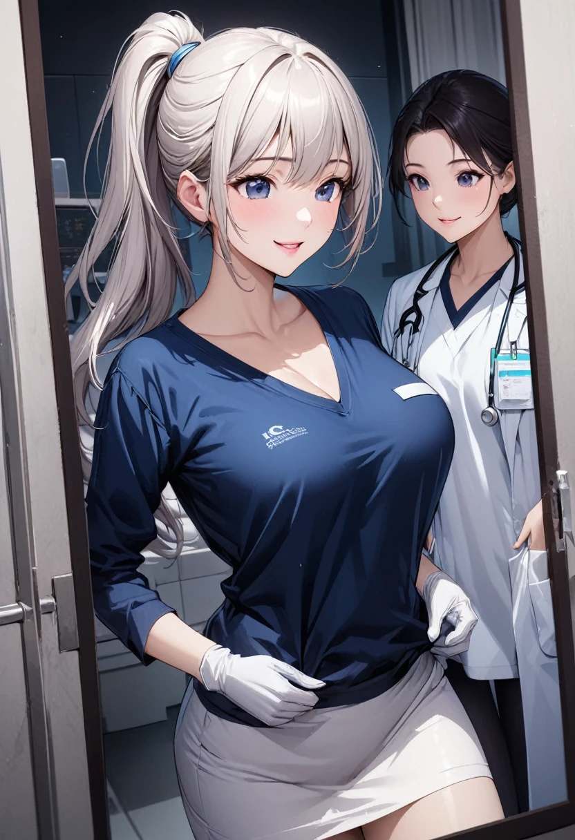 (( female doctor)), anime, smiling, (( Surgical Gloves)), (( latex gloves )), (( Long white Sleeve )), is standing, Alone