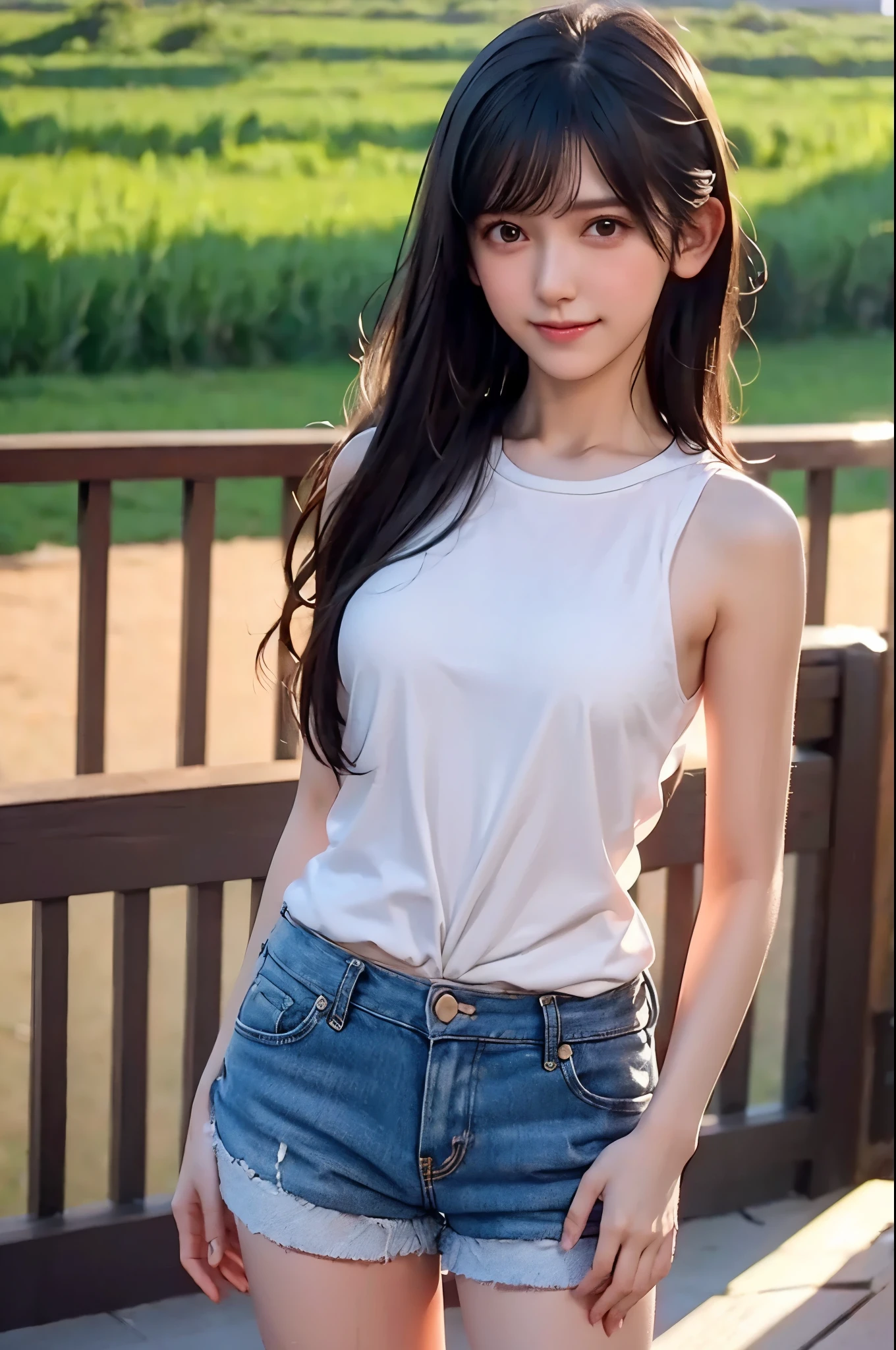 High image quality , 8k, Best Quality,  Details, Semi-realistic animations , 3d anime style sex  ,  Smooth Animated CG  ,  one girl playing pranks ,  A 20-year-old Japanese woman  , slim, modeling, Shiny black hair,  Detailsな顔, Beautiful and  Details,  growing skin  ,  Hard Focus  、  film grain ,  soft lighting ,  I'm looking at this、smile, (A woman is wearing a tank top and shorts), A ranch with vast pastures、Sunny summer landscape