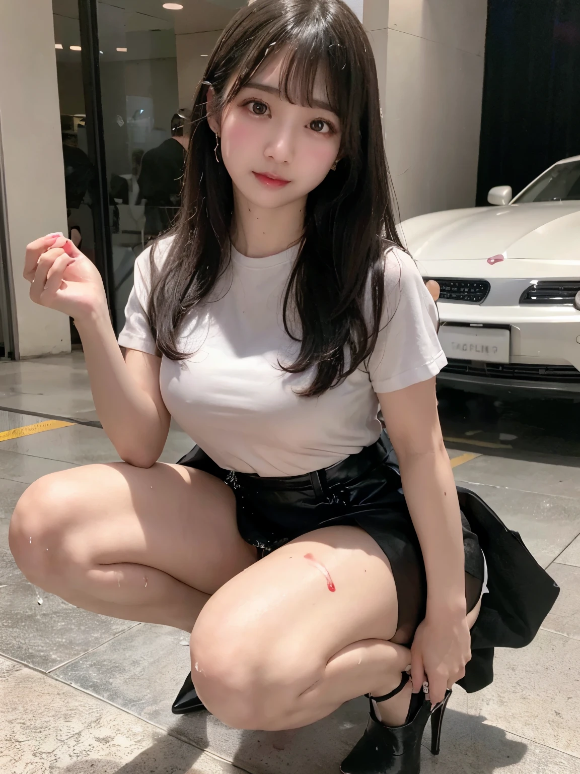 Very cute face、smile、12years old、girl、Fluffy long hair、Beautiful legs、Beautiful body、Thin legs、White skin、Black T-shirt、Black mini skirt