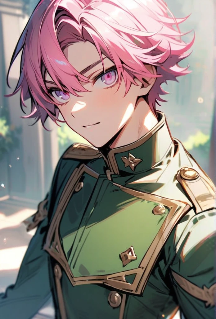 Handsome, solo, 1 male, short hair, pink hair, dark pink eyes, green uniform