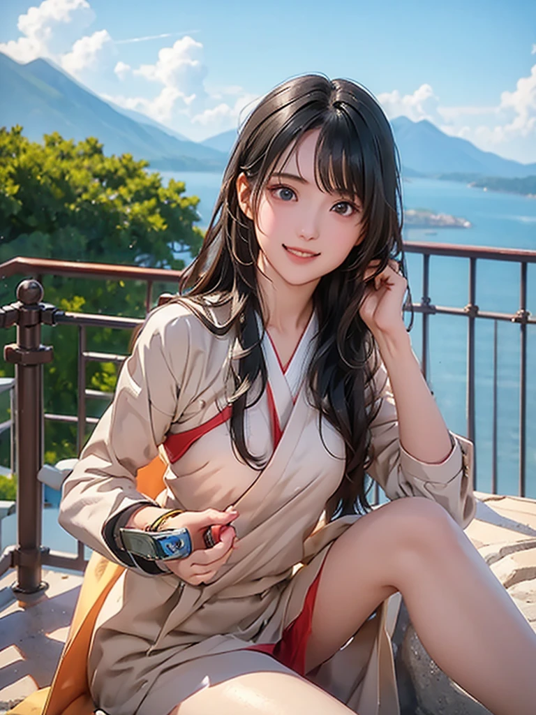  high resolution on down, 8k, Best Quality,  Details, Semi-realistic anime, 3D anime style,  Smooth Animated CG ,  one girl playing pranks,  A 20-year-old Japanese woman , slim, Modeling, Shiny black hair,  Detailsな顔, Beautiful and  Details,  growing skin  ,  Hard Focus 、 film grain,  soft lighting, smile, (Mountain Climbing Girl 、Mountaineering clothing),  Mountain Views 、I'm looking at the city and the sea