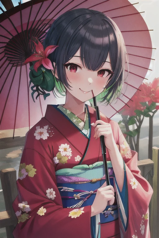 Best Quality, masterpiece,  high resolution on down, Alone, {Lindsay_ The Idolmaster Shiny Colors:1.15}, red_eye, 前hair, , black_hair, smile, green_hair, short_hair, hair_ t I , closure_mouth,  1 girl, flower, hair_flower, holding_umbrella, Japanese_Clothes, kimono,  staring _in_ viewer , Oil paper_umbrella, Outdoor, umbrella, holding,  upper _body, length_hair, heart, red_flower, sash, wide_sleeves