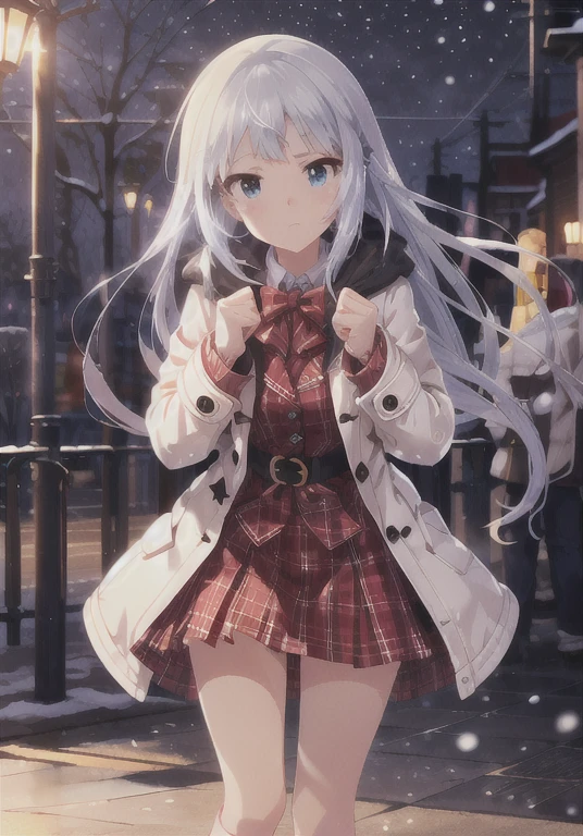 tsumugi shiraishi (百万peopleが生きる),  very long hair, Long hair tied low, (Best Quality, 8k, masterpiece, Super detailed:1.2), ( lens flare , Light particles, Sparkle),  faces with a depth of writing ,
 Knight ,  starry sky , Sky gradient,  Christmas, Snowflakes,  Reflective Floor , street, people々, Light, Wet floor,  It's Snowing ,
1peopleの***, Alone, Winter coats,  White thighs,Clenched fist,Snow Scene