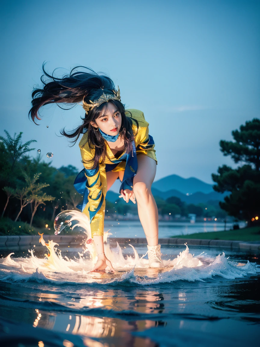 Yellow-blue，enamel，agate，A flesh-colored world，血蓝少女 32K（masterpiece，HD，Aoyama Pond，Ultra-high quality，32K）Long flowing bright blue hair，Blood Pool，Ziddink， One color，Bad temper （ After greeting ）， （Linen scarf）， Fighting Stance， Looking at the ground， White hair， Floating bright blue， Fire cloud gold headdress，   Chinese long-sleeved gold burgundy costume  ， （Abstract metaverse splash：1.2），  white background ，Peony flower vitality protector（ realistic ：1.4）， bright purple hair ，Smog on the road， Very pure background ，  High Res， Details，  original photo， Sharp，  Jeffries Lee took a Kodak Portra 400 film photo with Nikon D850 F1.6 Guns,  colorful ,   super realistic and vivid texture , dramatic lighting,   Unreal Engine Art Station Trend  , Silicon Nest 800，一个有着Long flowing bright blue hair的女孩，huge  colorful  bubbles