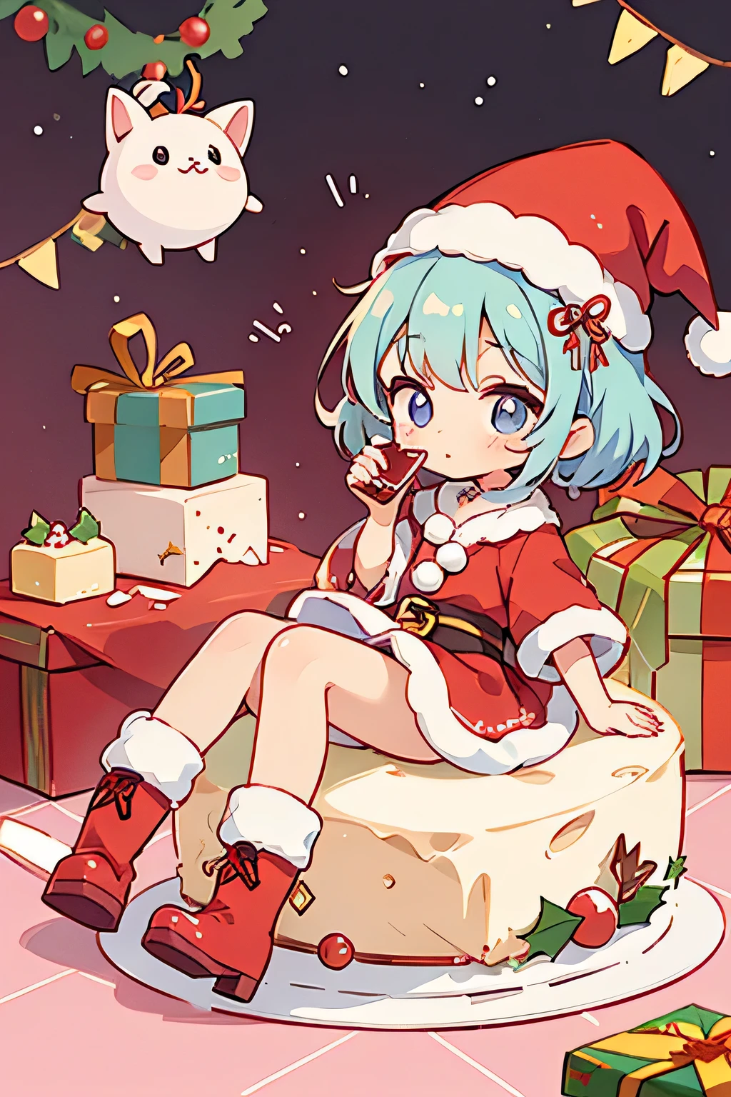 {High quality}, 1girl, {girl}, white hair, shining red eyes, thin tights, tube top dress, {Santa Claus}, Santa, party, choker, table, whole cake, Christmas tree, warm,