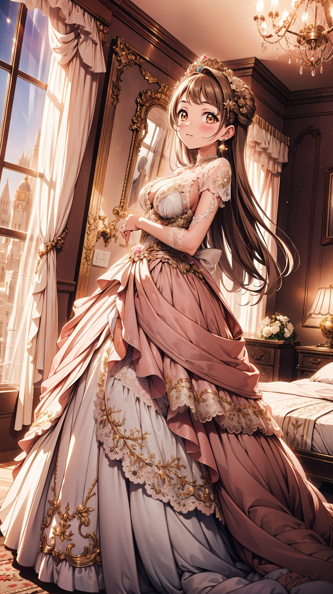  A princess dress with a modern simple shirt， super detailed, She has long pink brown hair，  girl ， golden eyes， She has earrings ,  Breast view , Panties view . The back is arched. night， She shows up in a luxury hotel bedroom ，Slight posture ，Gorgeous costume details，lace，