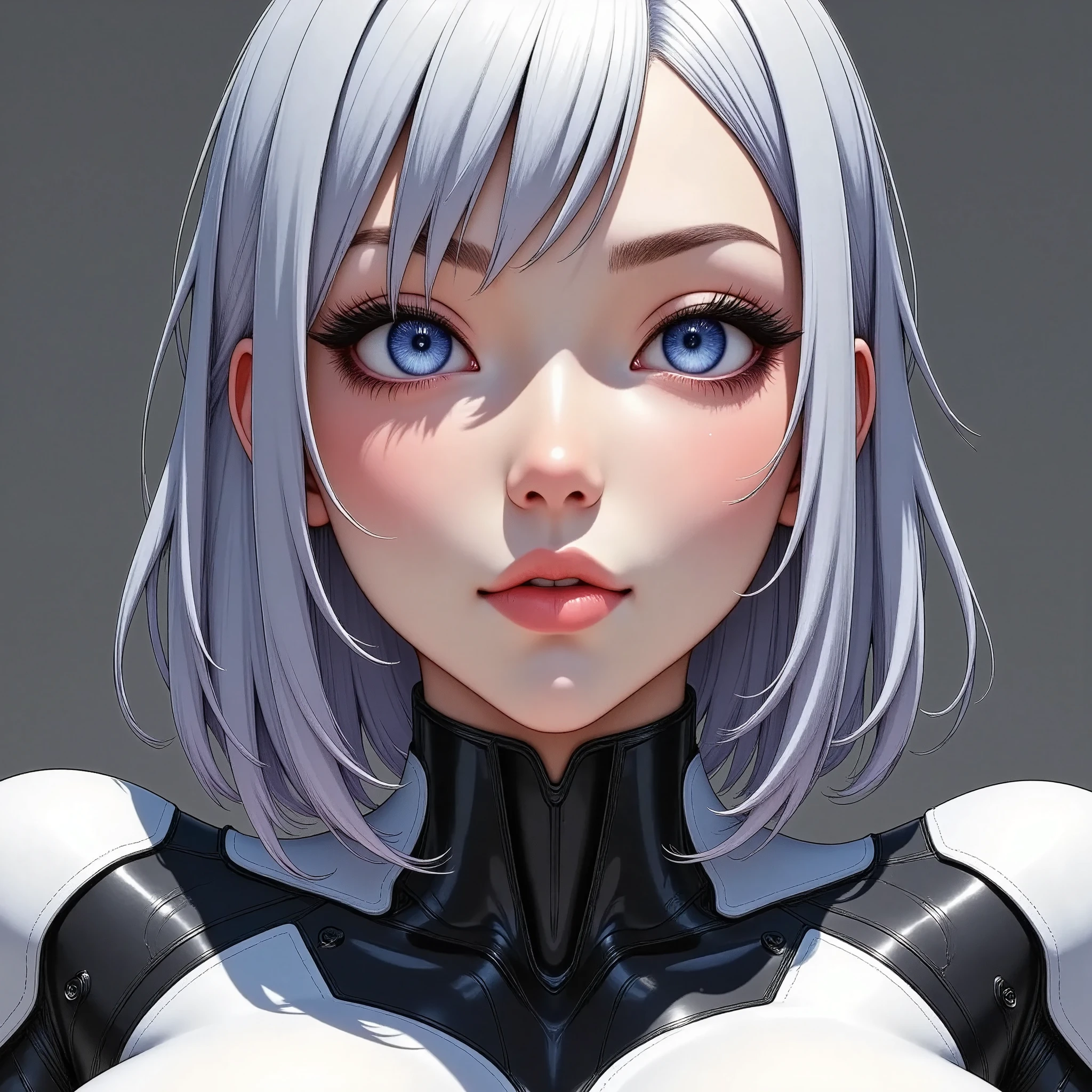 (masterpiece:1.2,Outstanding quality,Milonish, Cinematic Experience,Super detailed), best illustration,8k,wallpaper,( cyberpunk :2.0)(Semi-realistic female android design:2.0),( face up :2.0),( super sexy:2.0),(Beautiful and shining eyes:2.0),( detailed skin texture from fingertip correction:2.0),(Looking up:2.0),(Looking into the camera:2.0),( from above:2.0)