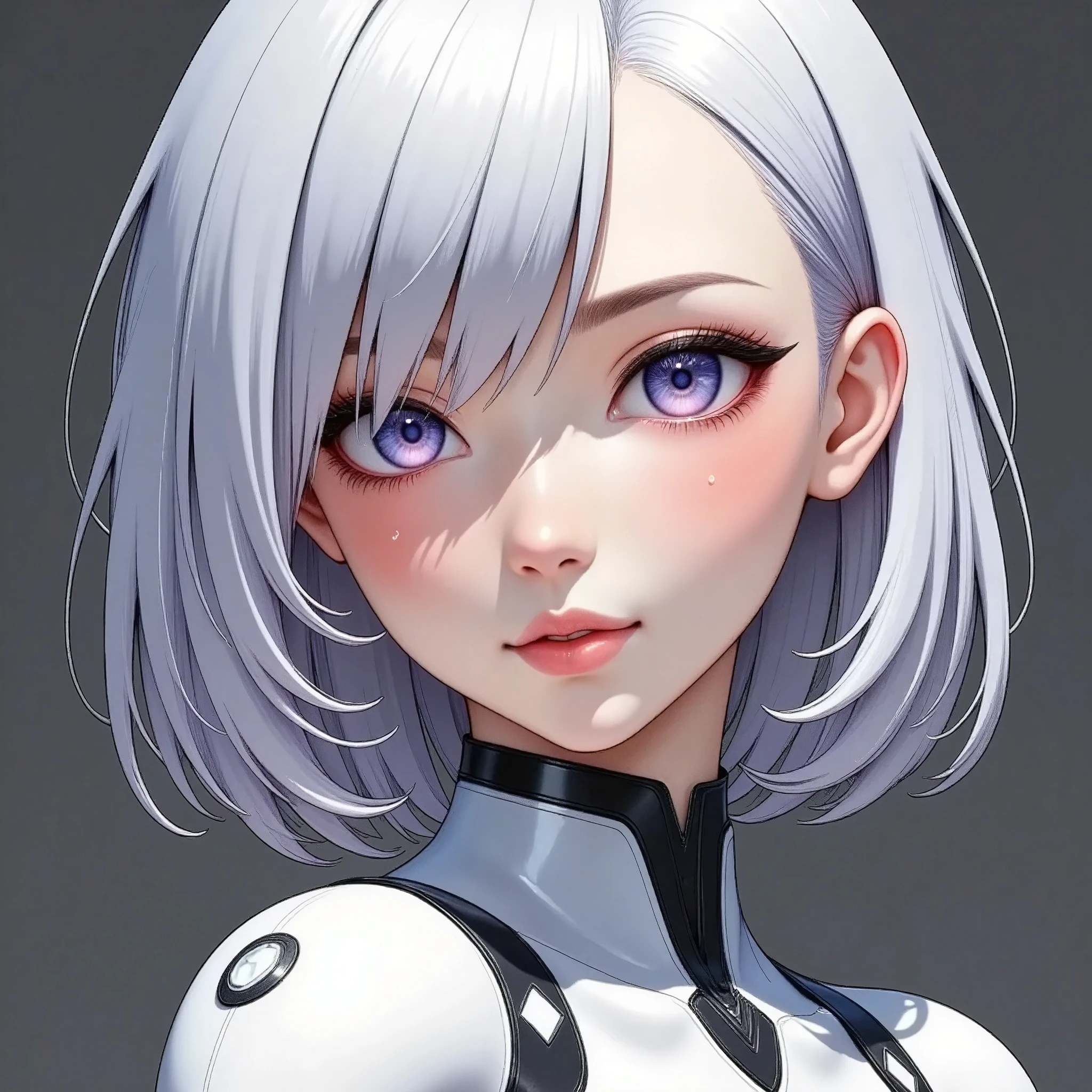 (masterpiece:1.2,Outstanding quality,Milonish, Cinematic Experience,Super detailed), best illustration,8k,wallpaper,( cyberpunk :2.0)(Semi-realistic female android design:2.0),( face up :2.0),( super sexy:2.0),(Beautiful and shining eyes:2.0),( detailed skin texture from fingertip correction:2.0),(smile:2.0),(From below:2.0)