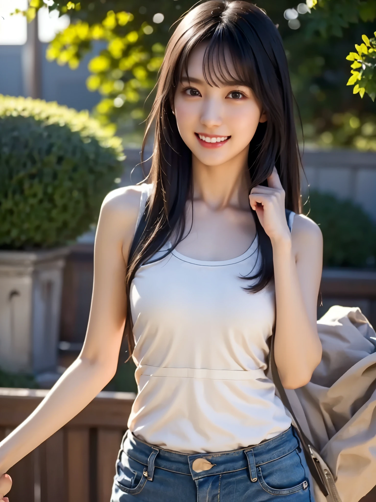 High image quality , 8k, Best Quality, Details, Semi-realistic animations , 3d anime style sex , Smooth Animated CG , one girl playing pranks , A 20-year-old Japanese woman , slim, modeling, Shiny black hair, Detailsな顔, Beautiful and Details, growing skin , Hard Focus 、 film grain , soft lighting , I'm looking at this、smile, (A woman is wearing a tank top and shorts), A ranch with vast pastures、Sunny summer landscape