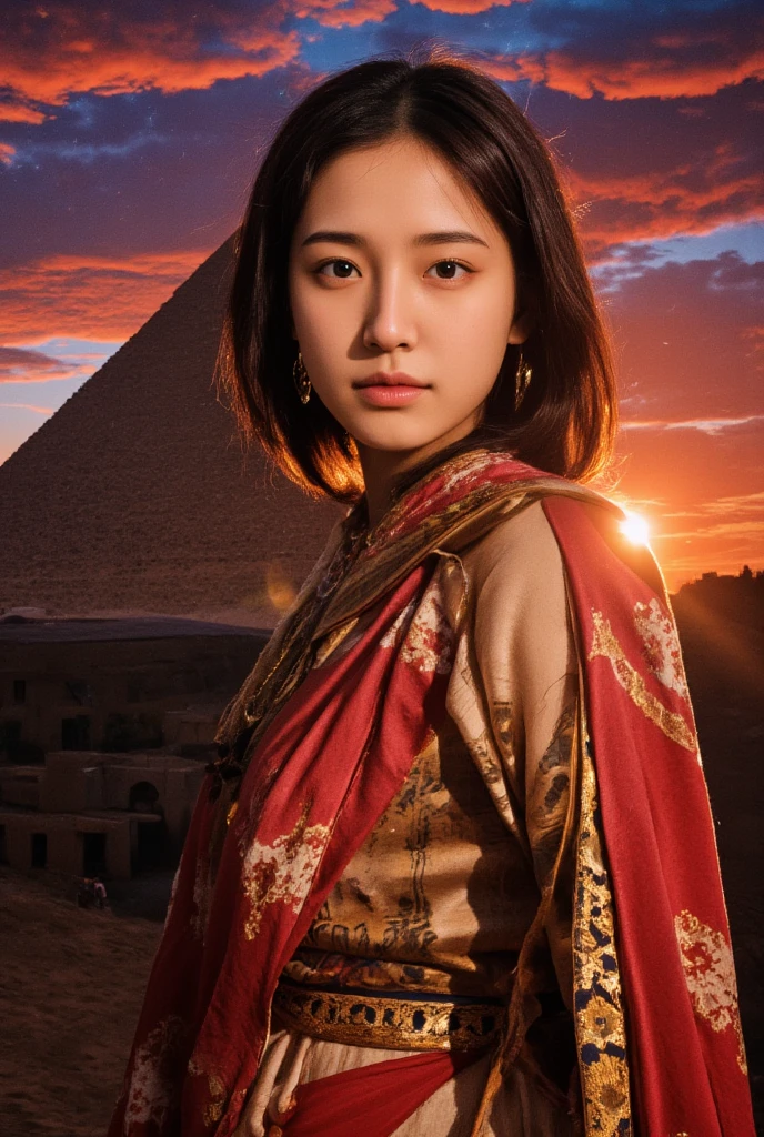 A beautiful brunette woman wearing ancient Egyptian robes, standing in the shadow of an Egyptian pyramid at dusk, not exposed, 8 k lighting, night sky, red sunset 4k extremely photorealistic, uhd 4k highly detailed, ((realistthereal lighting, ultra-high res.photorealistic:.1.4, (high detailed skin:1.2), 8k uhd, dslr, high quality, film grain, Fujifilm XT3,(masterpiece) (best quality) (detailed) (cinematic lighting) (sharp focus) (intricate)