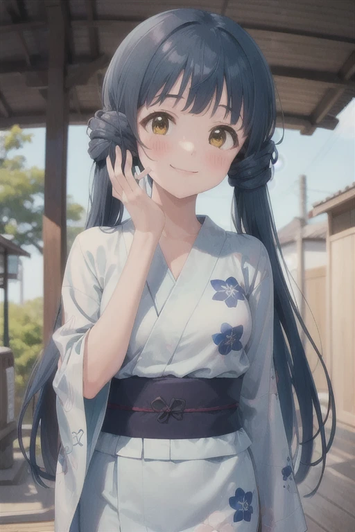 (masterpiece, Best Quality, Super detailed), ( perfect face,   Detailed Face ), ( detailed background,  complex background:1.2),  full face blush, smile,  watching viewers,
Reika Kitakami,  small breasts,  very long hair,  Twin Tails,  cowboy shot,  tilting your head , Yukata, blue Yukata, 
(Outdoor),  1 girl, Alone