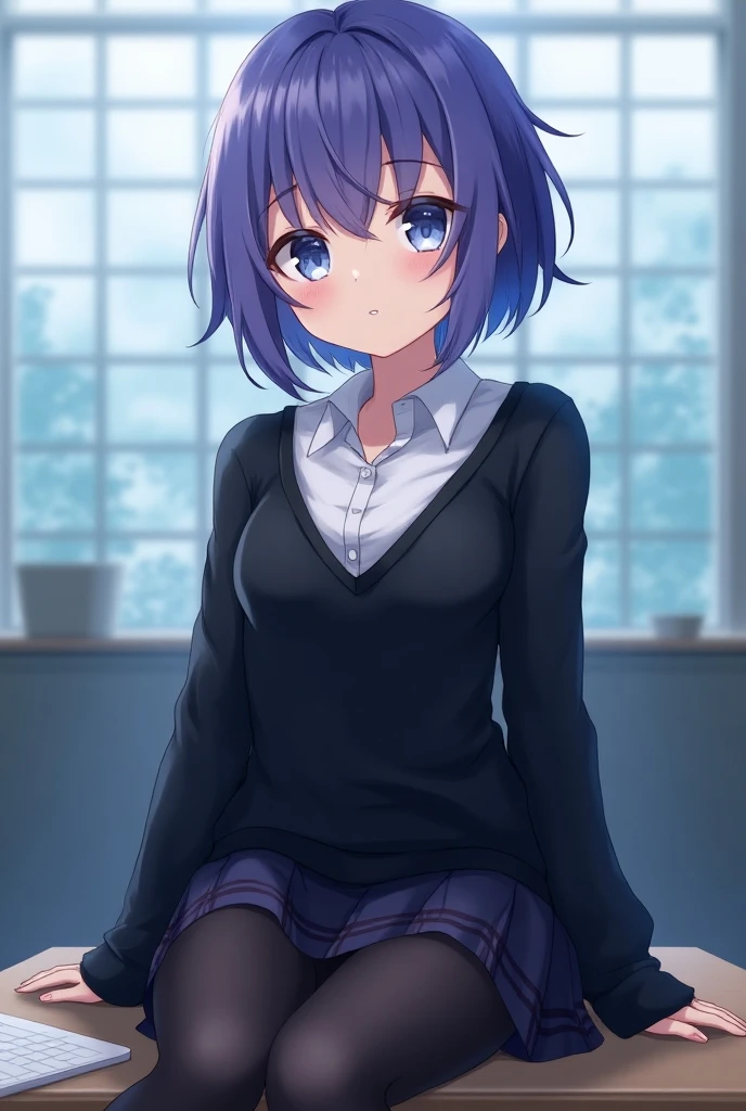 Short shoulder-length hair, purple blue hair, beautiful face, blue eyes, white student shirt inside, black sweater outside, long sleeves, over Japanese school shirt, small breasts, anime kamiya manga, cool girl, little tights, pretty cool background an anime girl sitting on top of a table 1girl