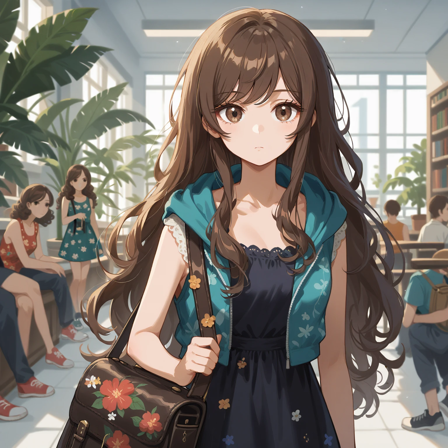 Best quality, masterpiece, stoic, very long hair, brown hair, (((swept bangs))), brown eyes, toned arms, small breasts, strapless pink shirt with yellow pocket, jeans, library with teal walls, potted tropical plants, people in background,