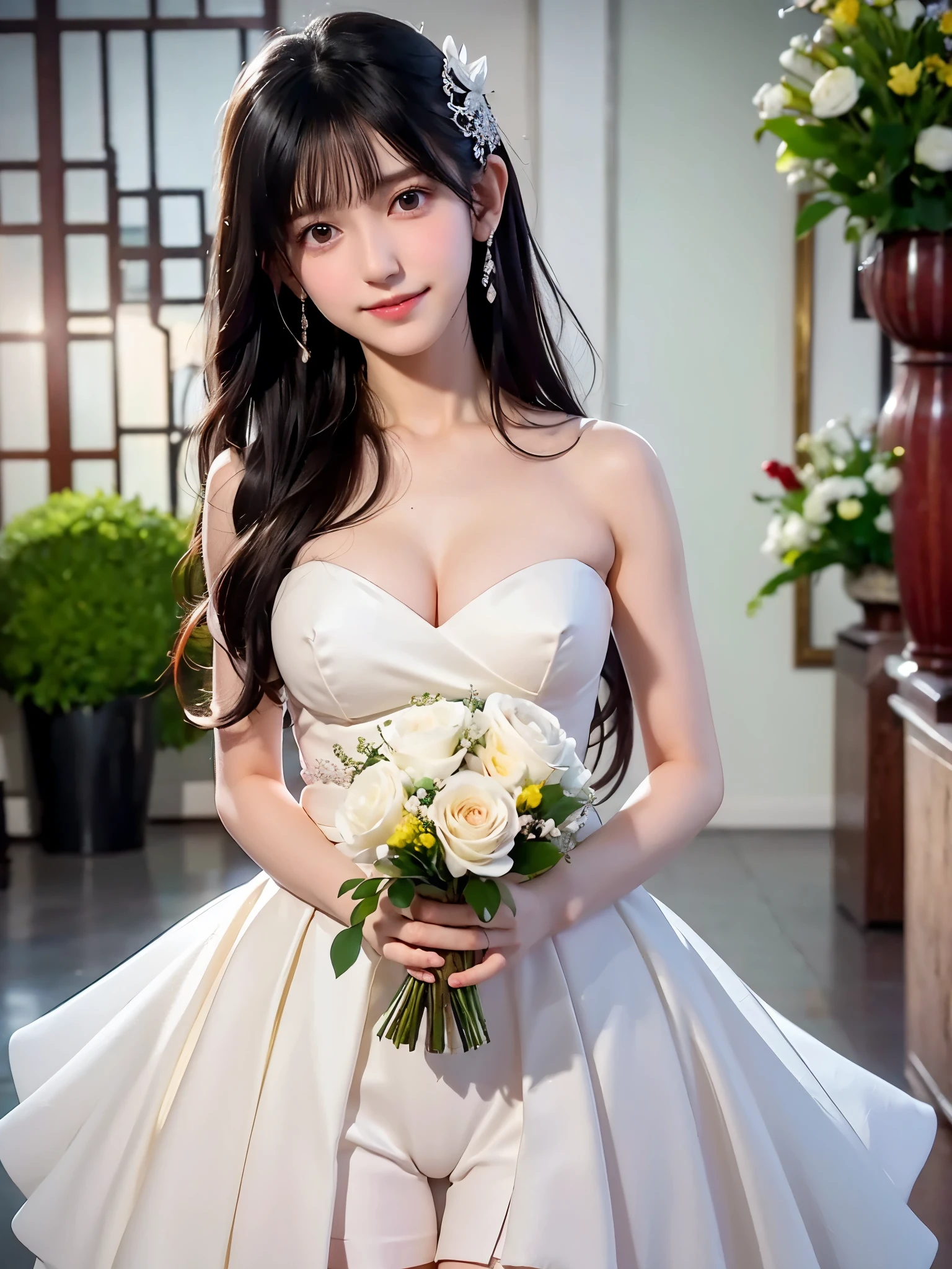  high resolution on down, 8k, Best Quality,   Details, Semi-realistic anime, 3D anime style,  Smooth Animated CG ,  one girl playing pranks,  A 20-year-old Japanese woman , slim, Modeling, Shiny black hair,   Detailsな顔, Beautiful and   Details,   growing skin  ,  Hard Focus 、 film grain,  soft lighting ,white、 ocean、Droopy eyes、Brown eyes on face、smile、1 female、 woman in prom dress、Smooth Straight、  Detailsな顔、Beautiful Skin、bouquet、bride