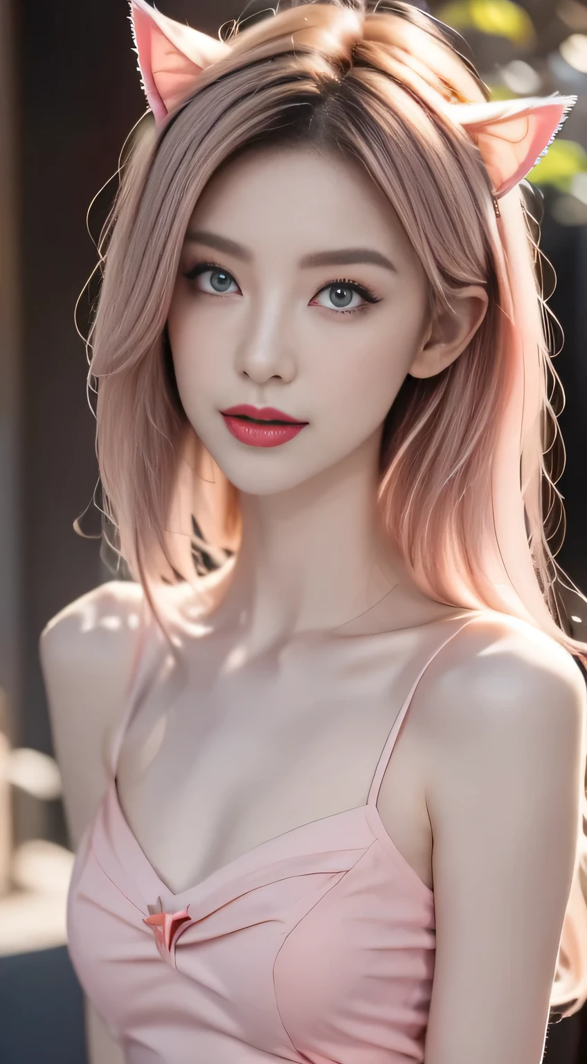  a gentle and lovely Chinese beauty, Sexy clavicle,   charming goose face , Double eyelids,  Smart peach eyes ,  pink lips ,  small upturned nose ,  Bare Shoulders , Focused face, facial close-up,  Ultra HD,  super detailed,  full-body photo , Ultra-thin translucent, Pink hair best proportions four fingers and one thumb, Cat ears