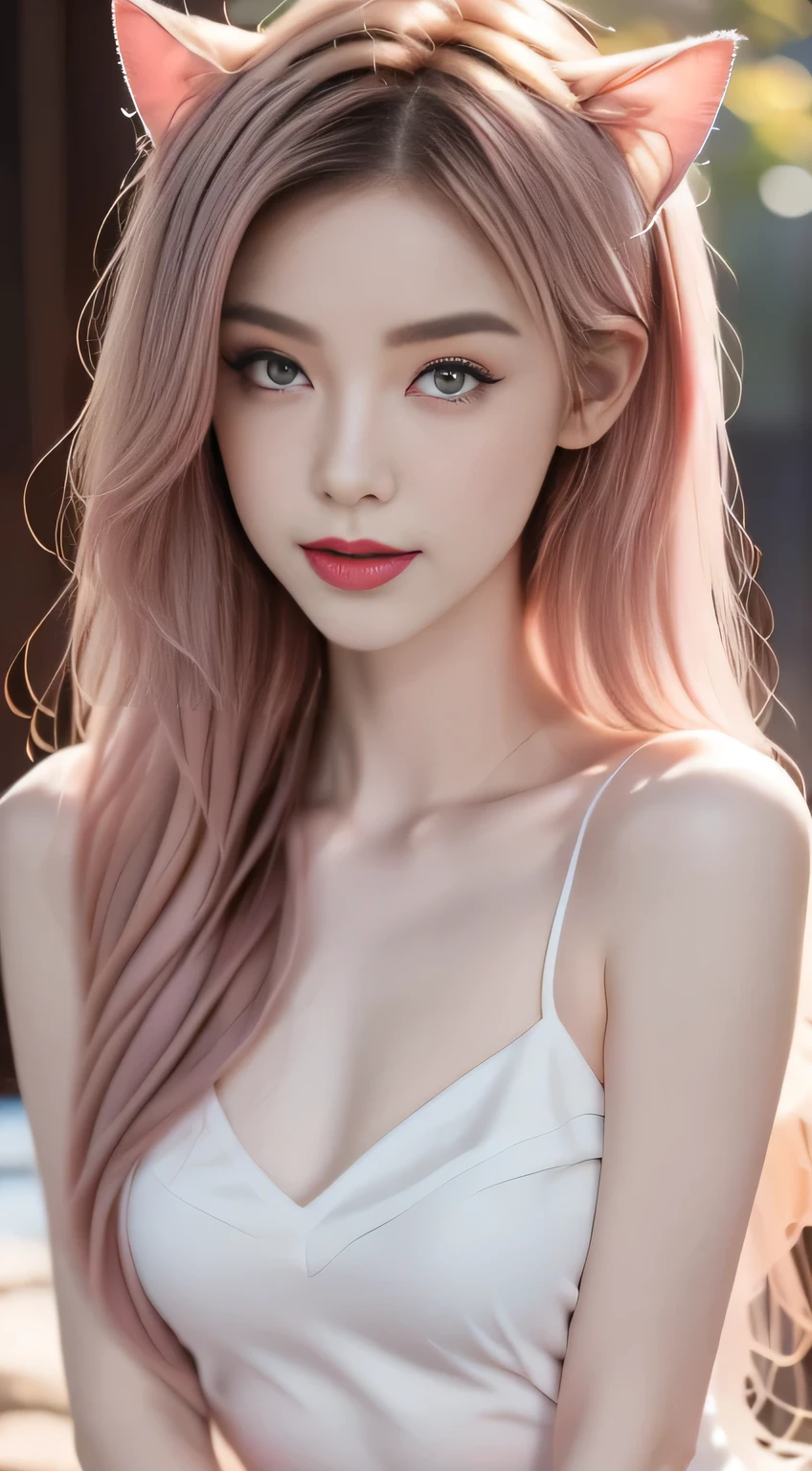  a gentle and lovely Chinese beauty, Sexy clavicle,   charming goose face , Double eyelids,  Smart peach eyes ,  pink lips ,  small upturned nose ,  Bare Shoulders , Focused face, facial close-up,  Ultra HD,  super detailed,  full-body photo , Ultra-thin translucent, Pink hair best proportions four fingers and one thumb, Cat ears