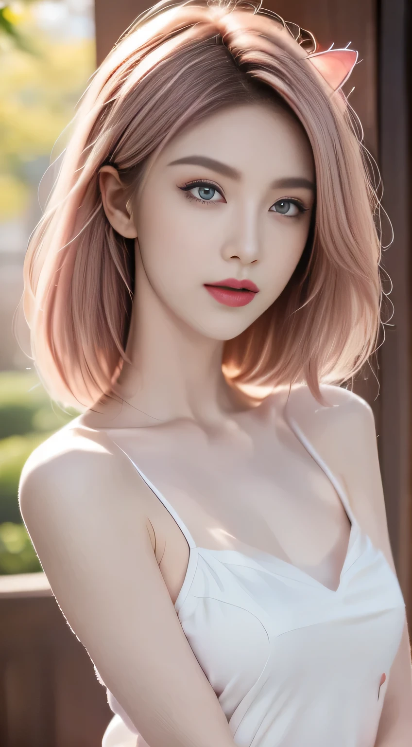  a gentle and lovely Chinese beauty, Sexy clavicle,   charming goose face , Double eyelids,  Smart peach eyes ,  pink lips ,  small upturned nose ,  Bare Shoulders , Focused face, facial close-up,  Ultra HD,  super detailed,  full-body photo , Ultra-thin translucent, Pink hair best proportions four fingers and one thumb, Cat ears