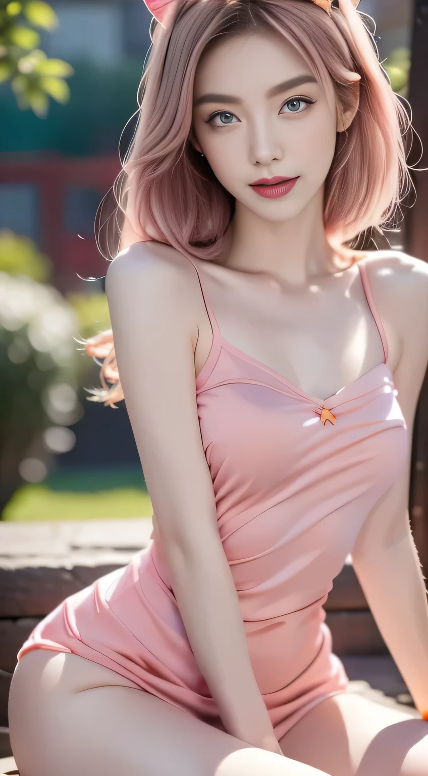  a gentle and lovely Chinese beauty, Sexy clavicle,   charming goose face , Double eyelids,  Smart peach eyes ,  pink lips ,  small upturned nose ,  Bare Shoulders , Focused face, facial close-up,  Ultra HD,  super detailed,  full-body photo , Ultra-thin translucent, Pink hair best proportions four fingers and one thumb, Cat ears