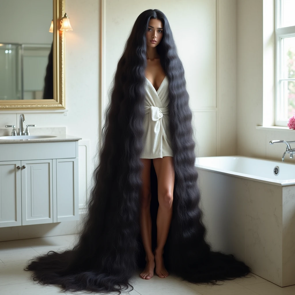 Beautiful Asian woman,((full body shot from hair to feet)), with a very large hair bun, the size of the bun is 4 times the size of her head, very large traditional Javanese hair bun,, shiny black hair, about 8 meters long hair, very shiny hair, loose hair filling the entire bathroom, the floor of bathroom is full of her long hair , straight hair,wearing towel on body, both hands holding a bun, ,bathroom atmosphere, laughing,(pose looking back over shoulder) ,