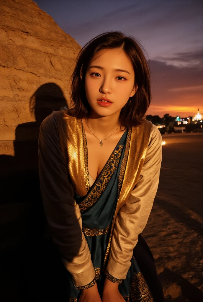 nsfw film photo, A beautiful sexy korean girl wearing ancient Egyptian robes, standing in the shadow of an Egyptian pyramid at dusk, not exposed, 8k lighting, night sky, red sunset 4k extremely photorealistic, uhd 4k highly detailed, ((realistthereal lighting, ultra-high res.photorealistic:.1.4, (high detailed skin:1.2), 8k uhd, dslr, high quality, film grain, Fujifilm XT3,(masterpiece) (best quality) (detailed) (cinematic lighting) (sharp focus) (intricate)