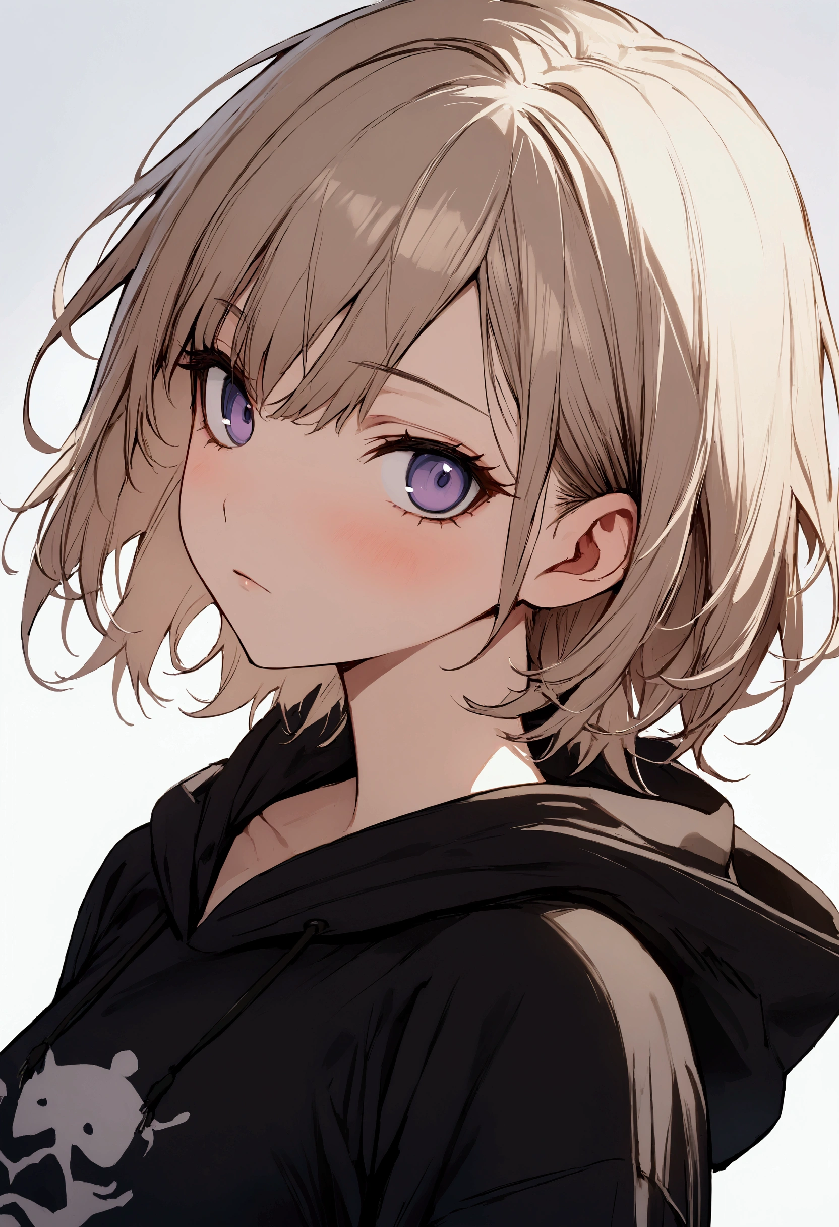 one girl, pretty face, periwinkle eyes, ash blonde, short cut hair, chest-length hair, loose fit black hoodie, slim figure, small breasts, kuudere, expressionless, sluggish, close up, masterpiece, best quality