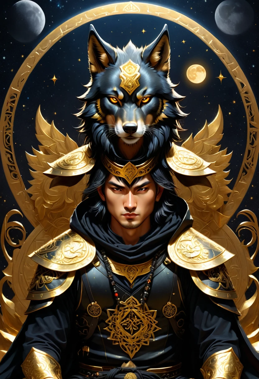 High quality, masterpiece, best detail, man in black armor with golden runes, wolf ears on a black hood with golden runes, moon overhead, meditating in lotus position, using magic tearing apart the foundations of the universe