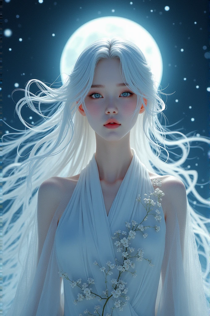 A Proverbs 31 woman, her face illuminated by the light of a full moon, her hair cascading down her back in waves, fire in background, white hair, Long Hair, Solo, High Resolution, 1girl, Very Long Hair, 