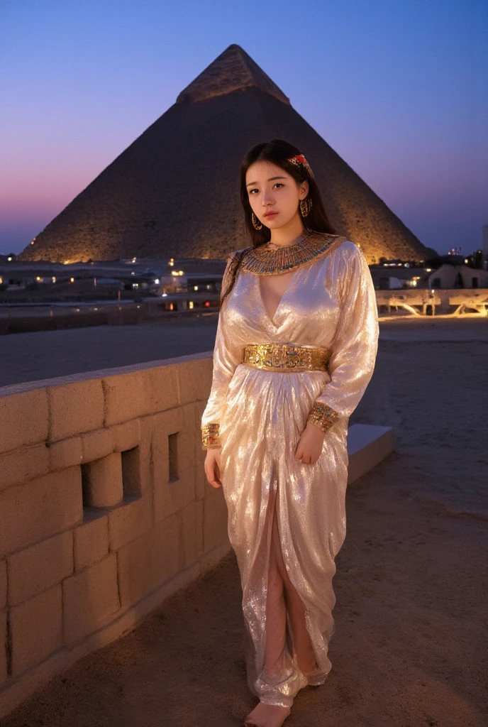 nsfw film photo, A beautiful sexy korean girl wearing ancient Egyptian robes, standing in the shadow of an Egyptian pyramid at dusk, not exposed, night sky, 