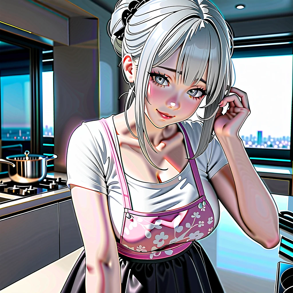 1 Japanese cute girl with silvery white hair in an intricate asymmetrical updo. The back of her hair is bunched high and short with the ends fanning out. The left side of her hair frames her face with long, loose strands, while the right side of her hair is loosely swept back over her ears and bunched together with the back hair, creating a slightly unbalanced but elegant look. A high, luxurious hair accessory on top adds a unique and fashionable touch to the hairstyle. Her hair catches the light and gives off a shiny, metallic shine.
BREAK (glossy silver eyes:1.5), (beautiful eyes, twinkle eyes, large eyes), (athlete body, large breasts), cute face, beautiful face, pretty face, beautiful, good anatomy, long eyelashes, expressive eyes, Perfect Hands, glossy lips, embarrassed, perfecteyes, white tooths,
BREAK 1girl, ((white shirts:1.5), pink botanical print apron over the shirts, black skirt), smile, happy, standing,
BREAK 1girl, morning, daylight, sunshine, kitchen, scenery, there is a two-handed pot on the stove, and there is warm transparent soup and the girl is stirring the soup in the pot with a ladle
BREAK (Exquisite, beautiful, Very detailed, masterpiece, high details, high quality, super detail, best quality, highres), cute, beautiful, full body detailed, 32K, high details, perfect lighting, perfect anatomy, sharp outline, 