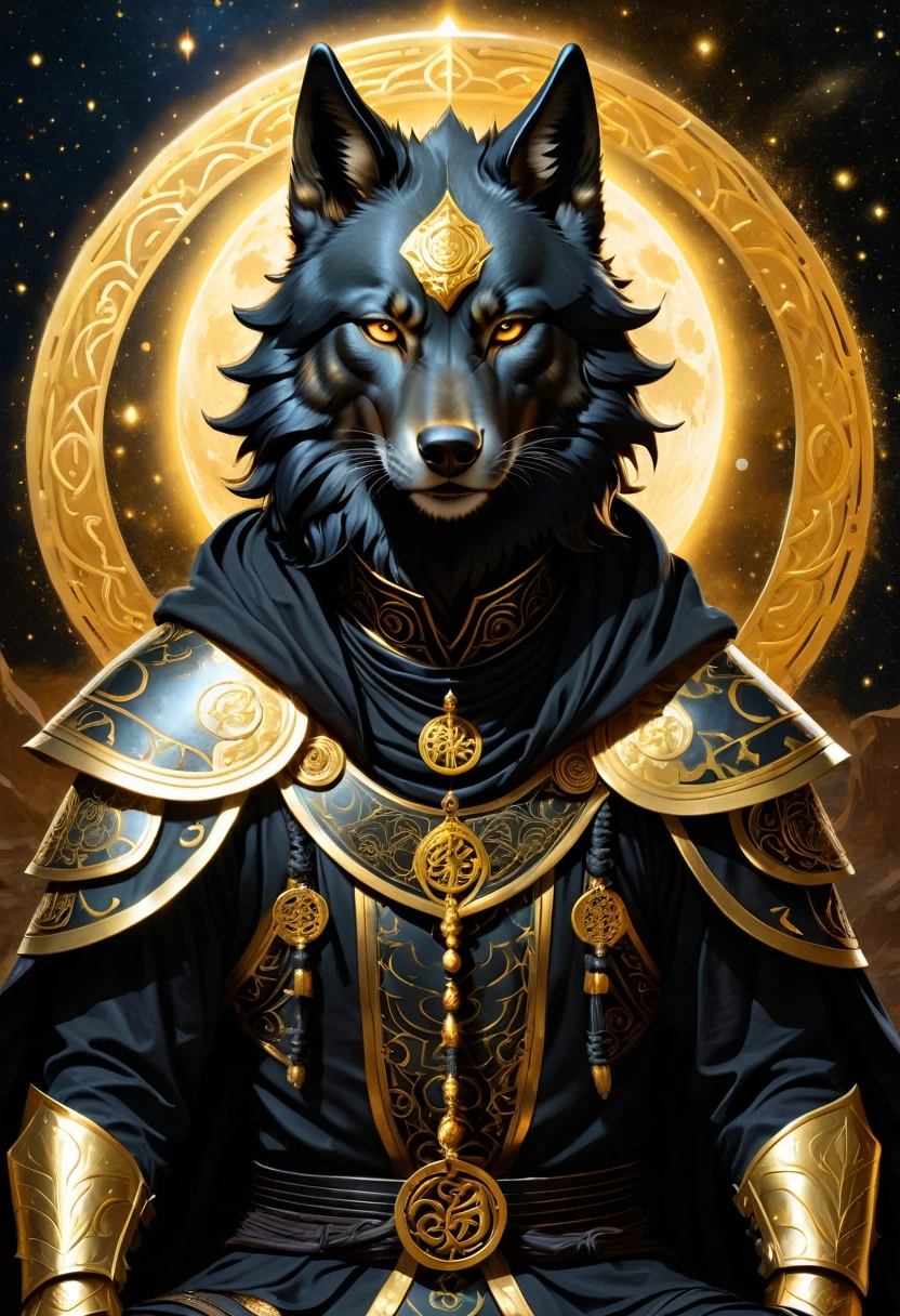 High quality, masterpiece, best detail, man in black armor with golden runes, wolf ears on a black hood with golden runes, moon overhead, meditating in lotus position, using magic tearing apart the foundations of the universe