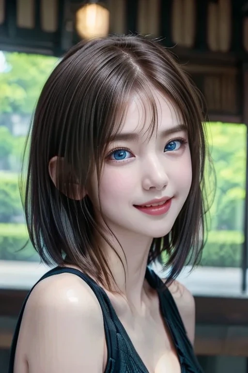 
12ｋ、ＨＤＲ、Droopy eyes、(( very short hair))、  intricate detail , ,  Clear Focus ,  delicate skin, , smile,, , Photography,Sleeveless,  Completely-valid、 Long eyelashes、、Ultra HD Hair、Ultra high resolution glossy lips、 light brown hair ,  staring at the audience ,Light blue eyes、((Daytime Park))、((風でHer hair is shaking))、Her hair is shaking、 cleavage、