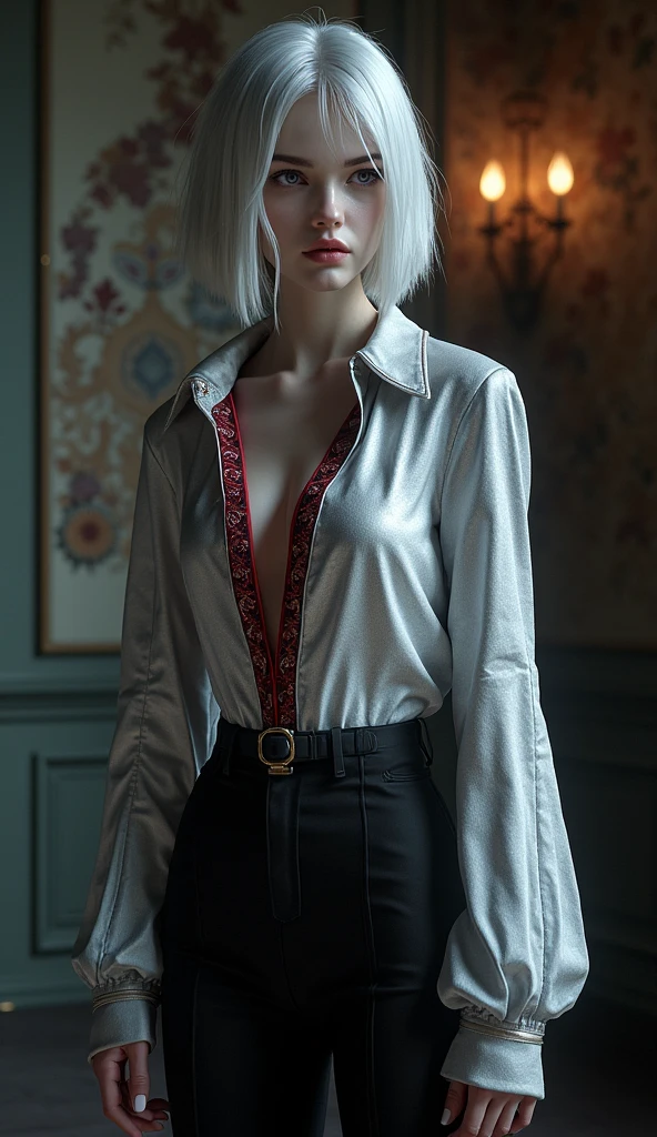 1 girl, it will be, look at viewer, white hair, do not have anything, cat ears, cat tail, white shirt, open clothes, Russian city, Ba-Shiroko