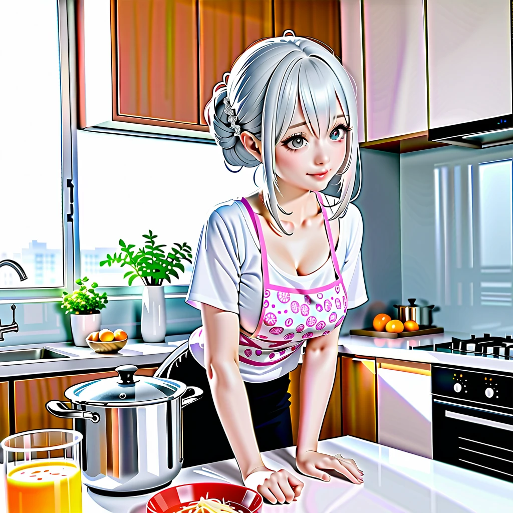 1 Japanese cute girl with silvery white hair in an intricate asymmetrical updo. The back of her hair is bunched high and short with the ends fanning out. The left side of her hair frames her face with long, loose strands, while the right side of her hair is loosely swept back over her ears and bunched together with the back hair, creating a slightly unbalanced but elegant look. A high, luxurious hair accessory on top adds a unique and fashionable touch to the hairstyle. Her hair catches the light and gives off a shiny, metallic shine.
BREAK (glossy silver eyes:1.5), (beautiful eyes, twinkle eyes, large eyes), (athlete body, large breasts), cute face, beautiful face, pretty face, beautiful, good anatomy, long eyelashes, expressive eyes, Perfect Hands, glossy lips, embarrassed, perfecteyes, white tooths,
BREAK 1girl, ((white shirts:1.5), pink botanical print apron over the shirts, black skirt), smile, happy, standing,
BREAK 1girl, morning, daylight, sunshine, kitchen, scenery, there is a two-handed pot on the stove, and there is warm transparent soup and the girl is stirring the soup in the pot with a ladle
BREAK (Exquisite, beautiful, Very detailed, masterpiece, high details, high quality, super detail, best quality, highres), cute, beautiful, full body detailed, 32K, perfect lighting, perfect anatomy, sharp outline, 