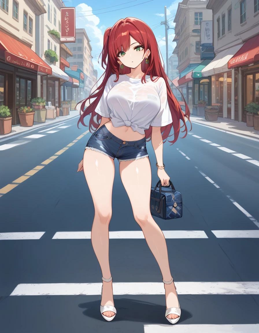 score_9, score_8_up, score_7_up, source_Cartoon, road ,   red hair, (green eyes, one side up),,hair accessories,   Glossy Skin , long hair,.  Circle Earrings  . Black Underwear. Full Body Light Transparent Short White Shirt.denim shorts.Cool White High Heels 