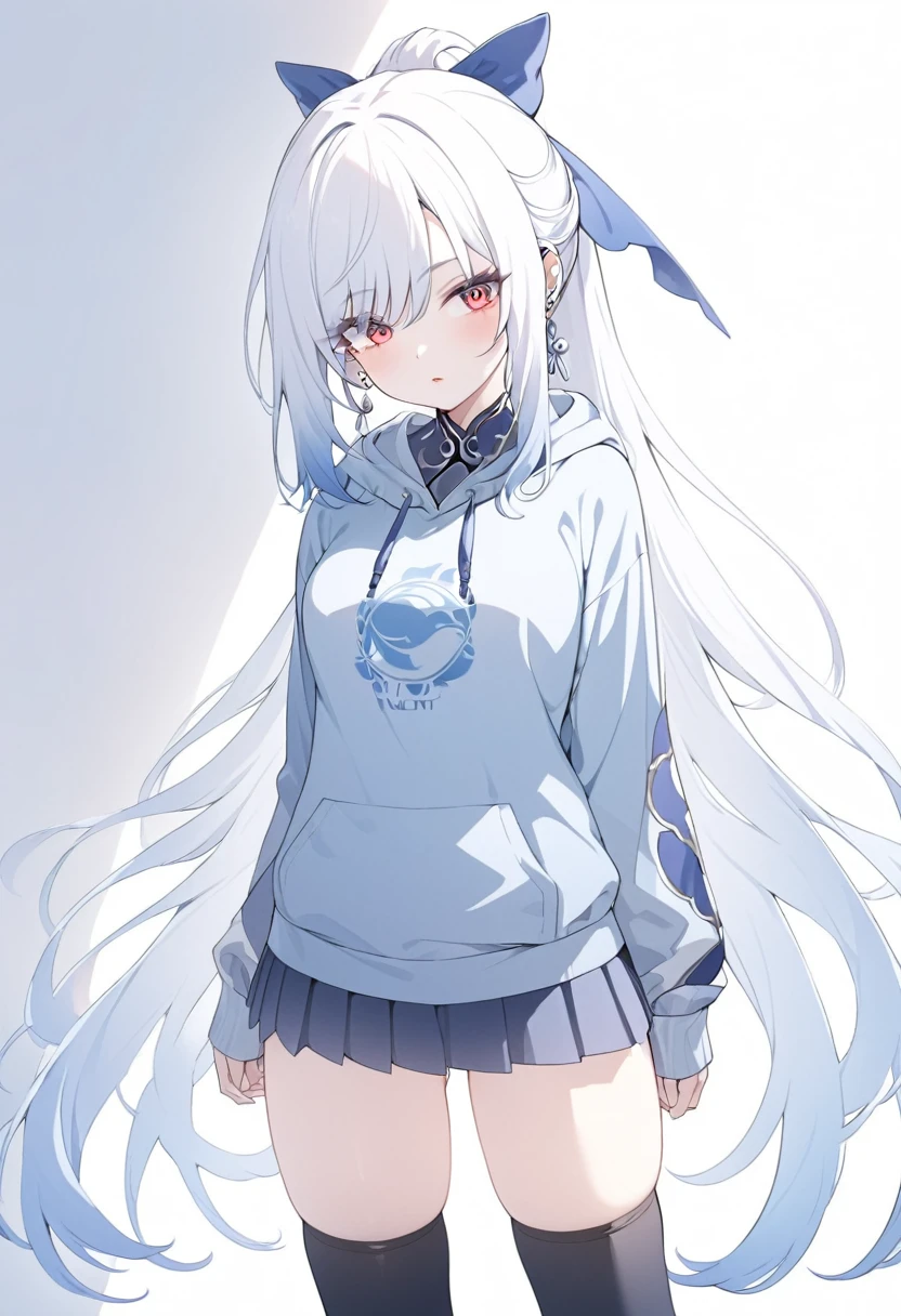 kawaii, 1girl, wearing black and blue hoodie, beautiful blue eyes high detailing, white hair blue pattren, cat ears, bangs covering left eye, no pants nude, on the park, (hair over eyes:1.1), (detailed), ((best quality))