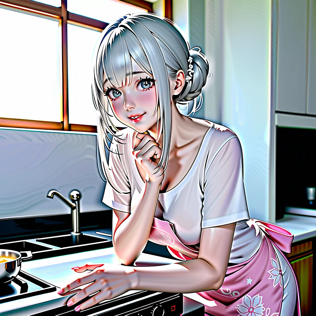 1 Japanese cute girl with silvery white hair in an intricate asymmetrical updo. The back of her hair is bunched high and short with the ends fanning out. The left side of her hair frames her face with long, loose strands, while the right side of her hair is loosely swept back over her ears and bunched together with the back hair, creating a slightly unbalanced but elegant look. A high, luxurious hair accessory on top adds a unique and fashionable touch to the hairstyle. Her hair catches the light and gives off a shiny, metallic shine.
BREAK (glossy silver eyes:1.5), (beautiful eyes, twinkle eyes, large eyes), (athlete body, large breasts), cute face, beautiful face, pretty face, beautiful, good anatomy, long eyelashes, expressive eyes, Perfect Hands, glossy lips, embarrassed, perfecteyes, white tooths,
BREAK 1girl, ((white shirts:1.5), pink botanical print apron over the shirts, black skirt), smile, happy, standing,
BREAK 1girl, morning, daylight, sunshine, kitchen, scenery, there is a two-handed pot on the stove, and there is warm transparent soup and the girl is stirring the soup in the pot with a ladle
BREAK (Exquisite, beautiful, Very detailed, masterpiece, high quality, super detail, best quality, highres), cute, beautiful, full body detailed, 16K, perfect lighting, perfect anatomy, sharp outline, 