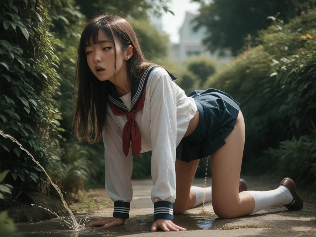  Japanese High School Girl　uniform　No underwear　Pissing on all fours outdoors