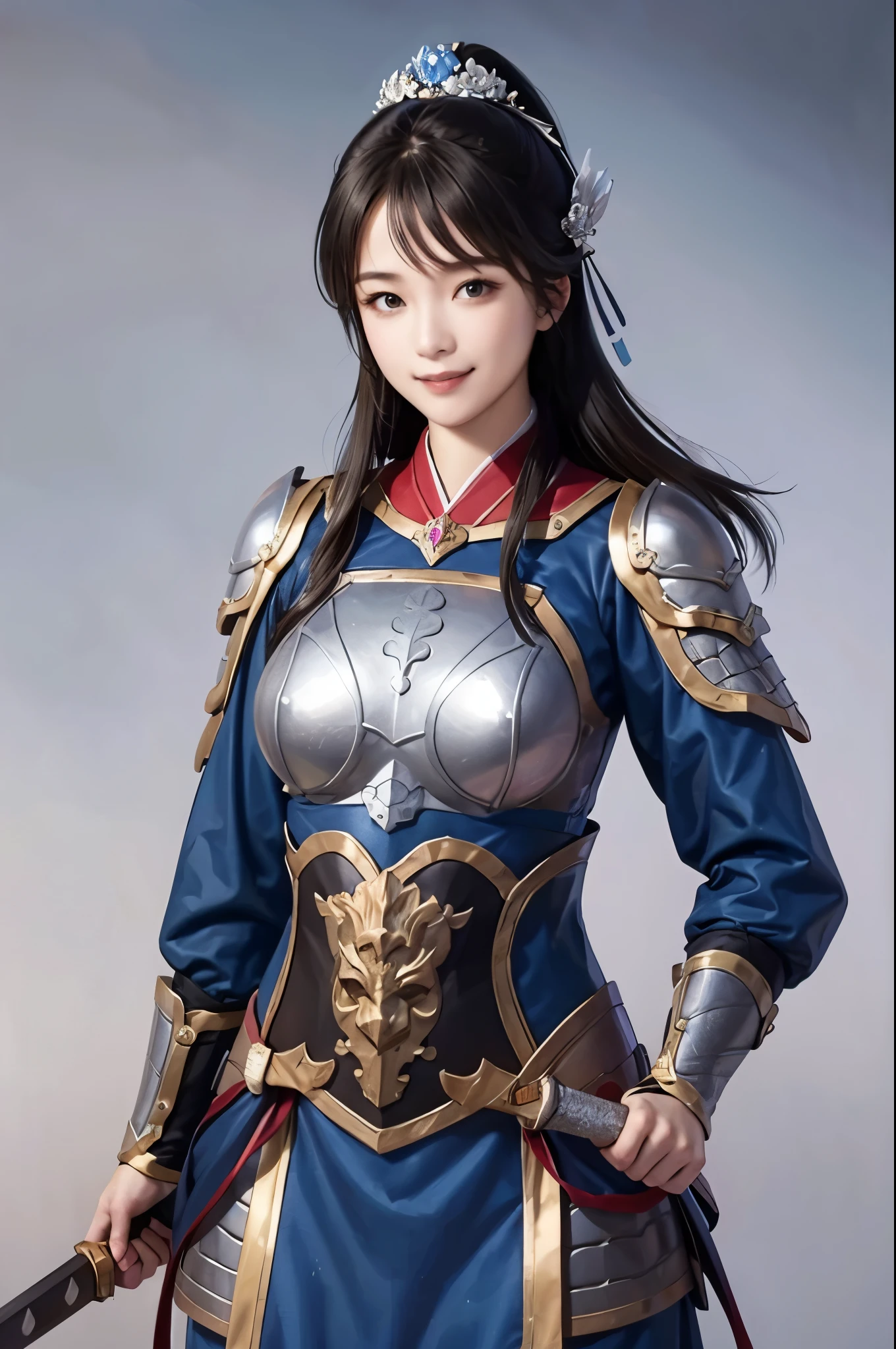 high quality、Woman in Armor、beautiful girl、Holding a sword、Silver Armor、Light blue clothes、Gorgeous hair accessories、Smile