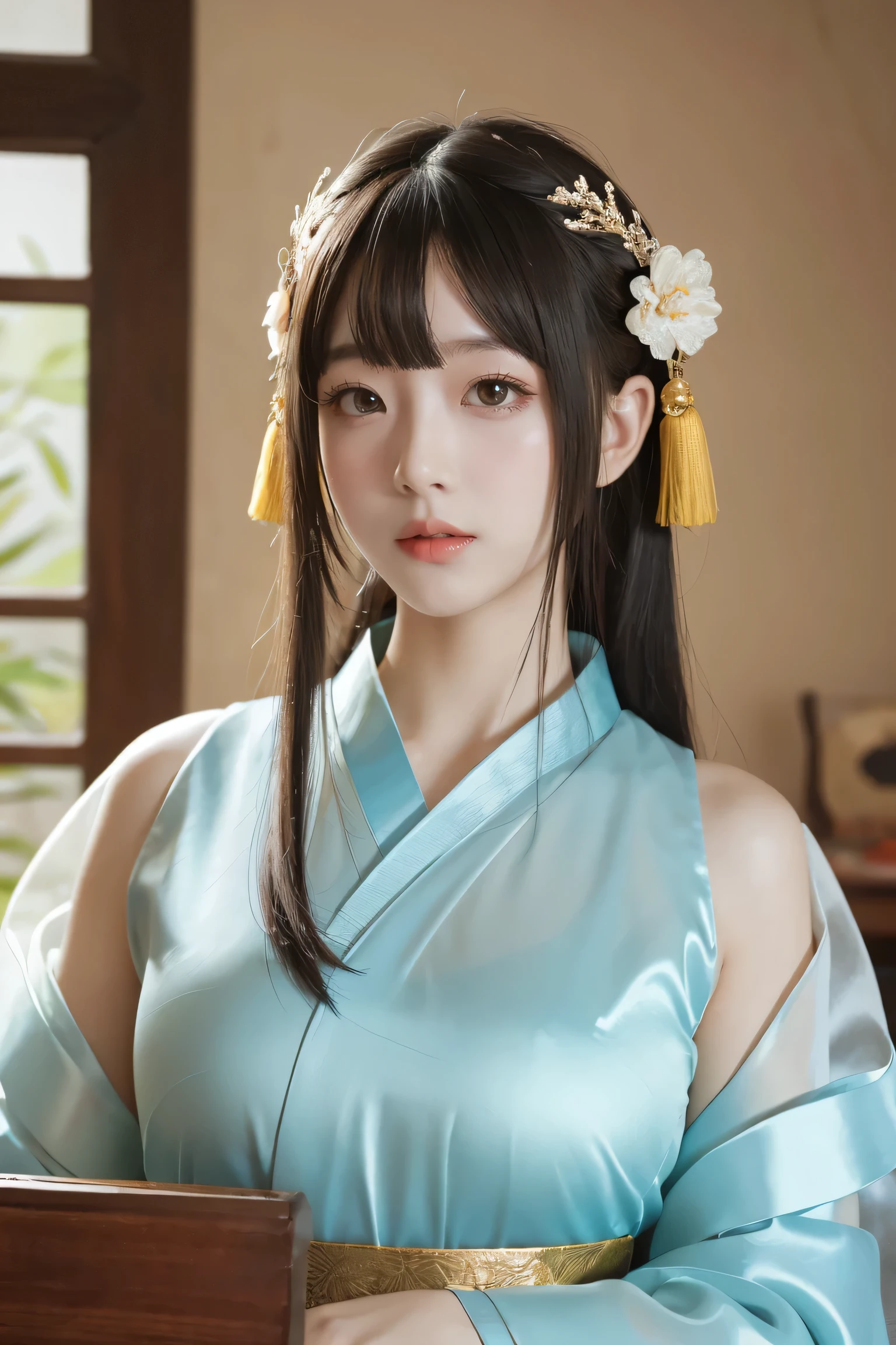 Chinese Gongbi painting, (highest quality, Masterpiece :1.2), (Complex Detail :1.4), (Photo :1.4), Vivid Detail, Super Detail, (Ultra HD, HD CG unified 8K wallpaper), Detail Face, Beautiful Detail eyes, 16k wallpaper, Compensation, (Detailed background :1.2), whole body, Realistic eye and Face Details, Full lips, lip hooks, (compensation), 1 girl, wearing translucent ancient Hanfu that reveals body lines, smile