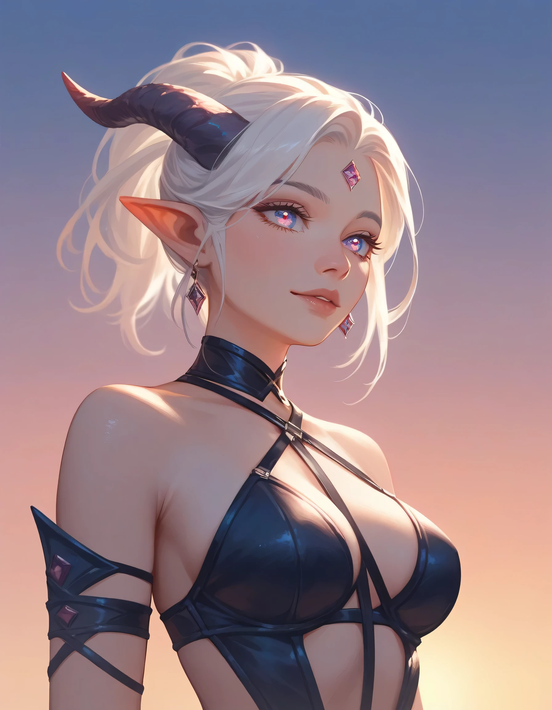 (1girl) (masterpiece) (detailed) (close up) (portrait) adult female tiefling girl, revealing armor, fantasy plains background with brilliant sky, sunset, loving look, criss cross legs, beautiful detailed face, beautiful detailed eyes