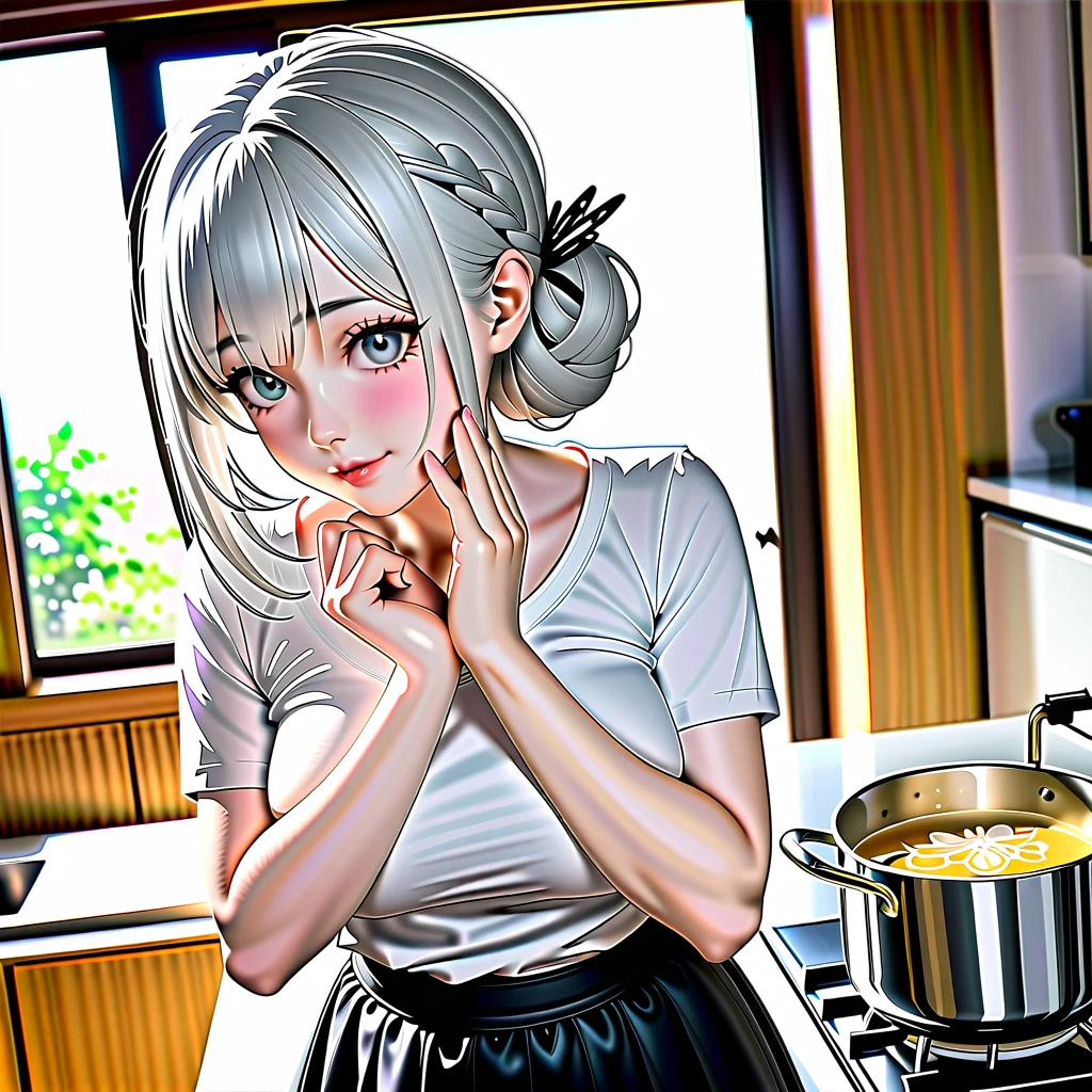 1 Japanese cute girl with silvery white hair in an intricate asymmetrical updo. The back of her hair is bunched high and short with the ends fanning out. The left side of her hair frames her face with long, loose strands, while the right side of her hair is loosely swept back over her ears and bunched together with the back hair, creating a slightly unbalanced but elegant look. A high, luxurious hair accessory on top adds a unique and fashionable touch to the hairstyle. Her hair catches the light and gives off a shiny, metallic shine.
BREAK (glossy silver eyes:1.5), (beautiful eyes, twinkle eyes, large eyes), (athlete body, large breasts), cute face, beautiful face, pretty face, beautiful, good anatomy, long eyelashes, expressive eyes, Perfect Hands, glossy lips, embarrassed, perfecteyes, white tooths,
BREAK 1girl, ((white shirts:1.5), pink botanical print apron over the shirts, black skirt), smile, happy, standing,
BREAK 1girl, morning, daylight, sunshine, kitchen, scenery, there is a two-handed pot on the stove, and there is warm transparent soup and the girl is stirring the soup in the pot with a ladle
BREAK (Exquisite, beautiful, Very detailed, masterpiece, super detail, best quality, highres), cute, beautiful, full body detailed, 16K, perfect lighting, perfect anatomy, sharp outline, 