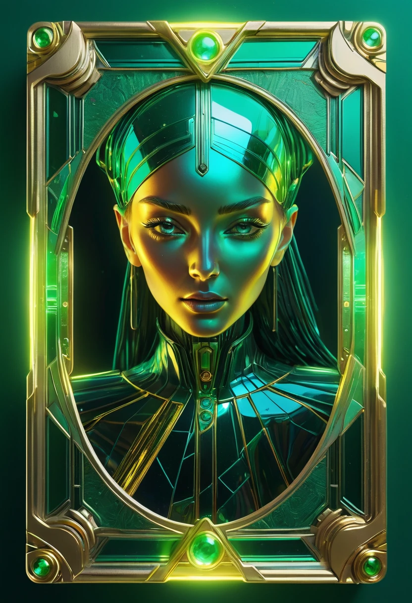 a close up of a colorful cyberpunk style tarot card frame. sharp edges and corners, no text, laced with cybernetic, metallic paint stroke, holographic, holographic metal, Iridescence mix colors of gold with emerald green reflections. (masterpiece, realistic, 3d, 8k), on a white background. no characters. empty center of frame. no bolts.