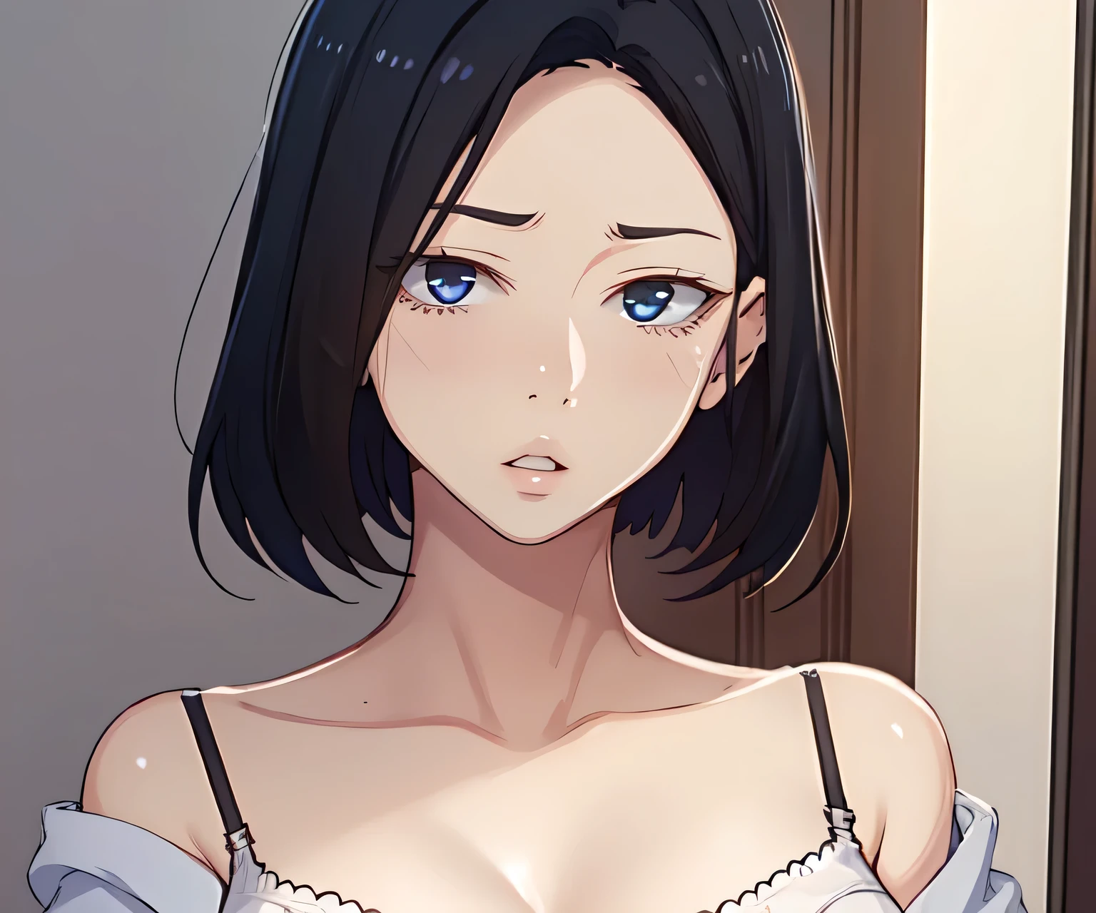 sooahdef, black hair, blue eyes, short hair
breasts,white camisole, solo, upper body, indoors, 1girl, underwear, collarbone, off shoulder, cleavage, bra, parted lips, hoodie, large breasts, looking at viewer, black bra
masterpiece, best quality