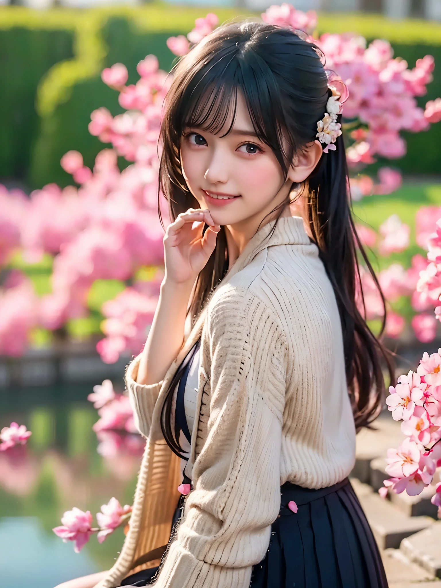 High image quality , 8k, Best Quality, Details, Semi-realistic animations , 3d anime style sex , Smooth Animated CG , one girl playing pranks , A 20-year-old Japanese woman , slim, modeling, Shiny black hair, Detailsな顔, Beautiful and Details, growing skin , Hard Focus 、 film grain , soft lighting , I'm looking at this、smile, ( woman wearing floral dress and cardigan),A spring park with cherry blossom petals falling、Enjoy a picnic by the pond