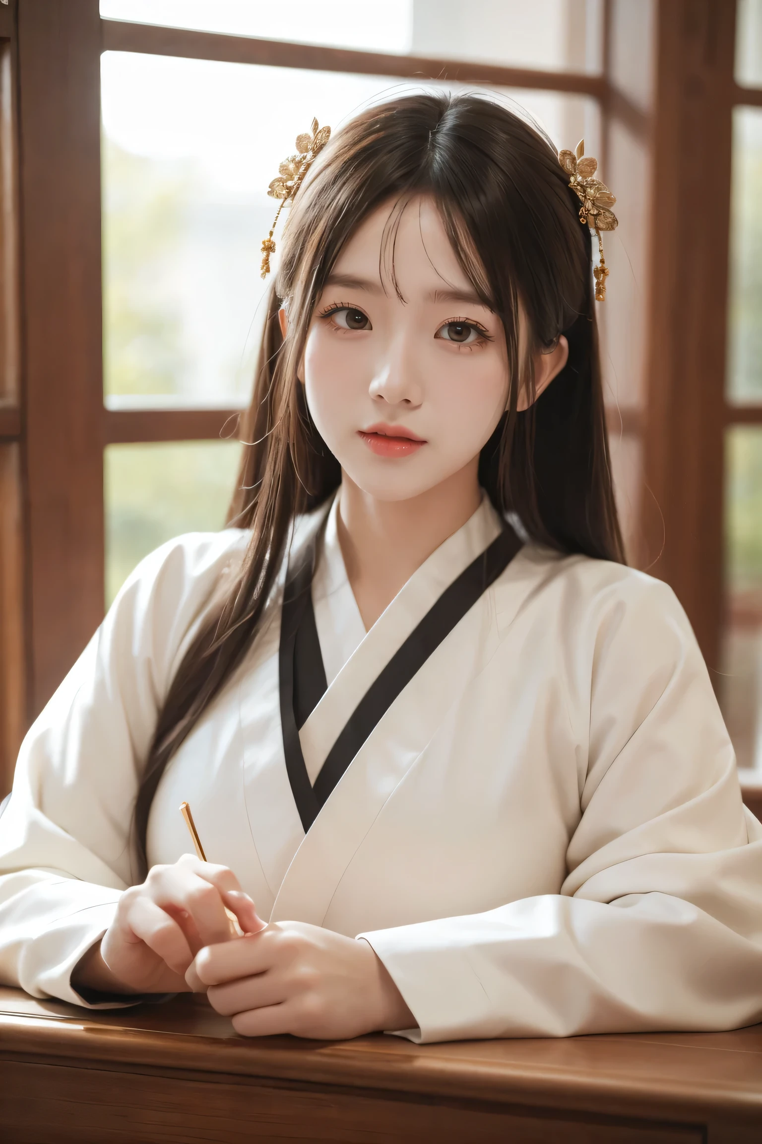 highest quality ,masterpiece:1.2),(Intricate details:1.4),(photo:1.4),Vivid details, superdetail,( Ultra HD, HD CG Uniform 8K Wallpaper ),Detail face, beautiful eye for detail,16k Wallpaper,compensate,(Detail background:1.2), Clothes Soak All Over , Realistic Eyes and Facial Details, plump lips,Lip Tick ,(compensate),1 girl, Wearing Clear Ancient Hanfu ,Show body lines,Smile