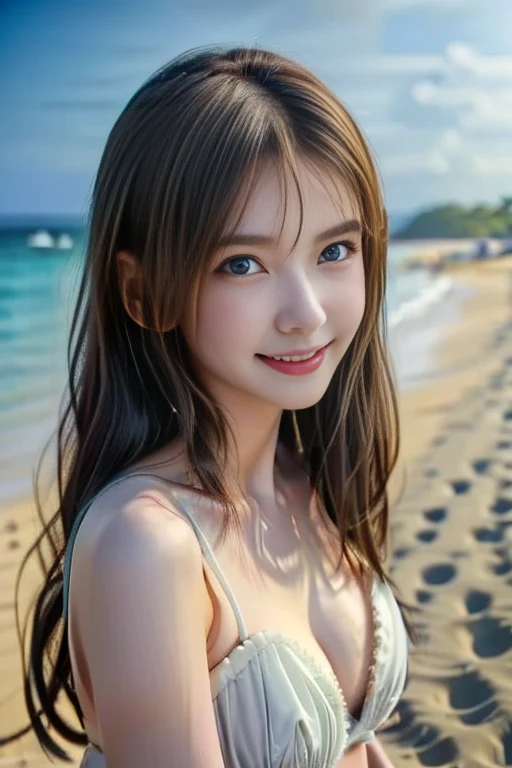 
12ｋ、ＨＤＲ、Age 30,  light brown hair ,  staring at the audience ,Light blue eyes、smile、((( white sand beach with the sea in the background)))、The sea is visible in the background、(((風でHer hair is shaking)))、Her hair is shaking、 cleavage、