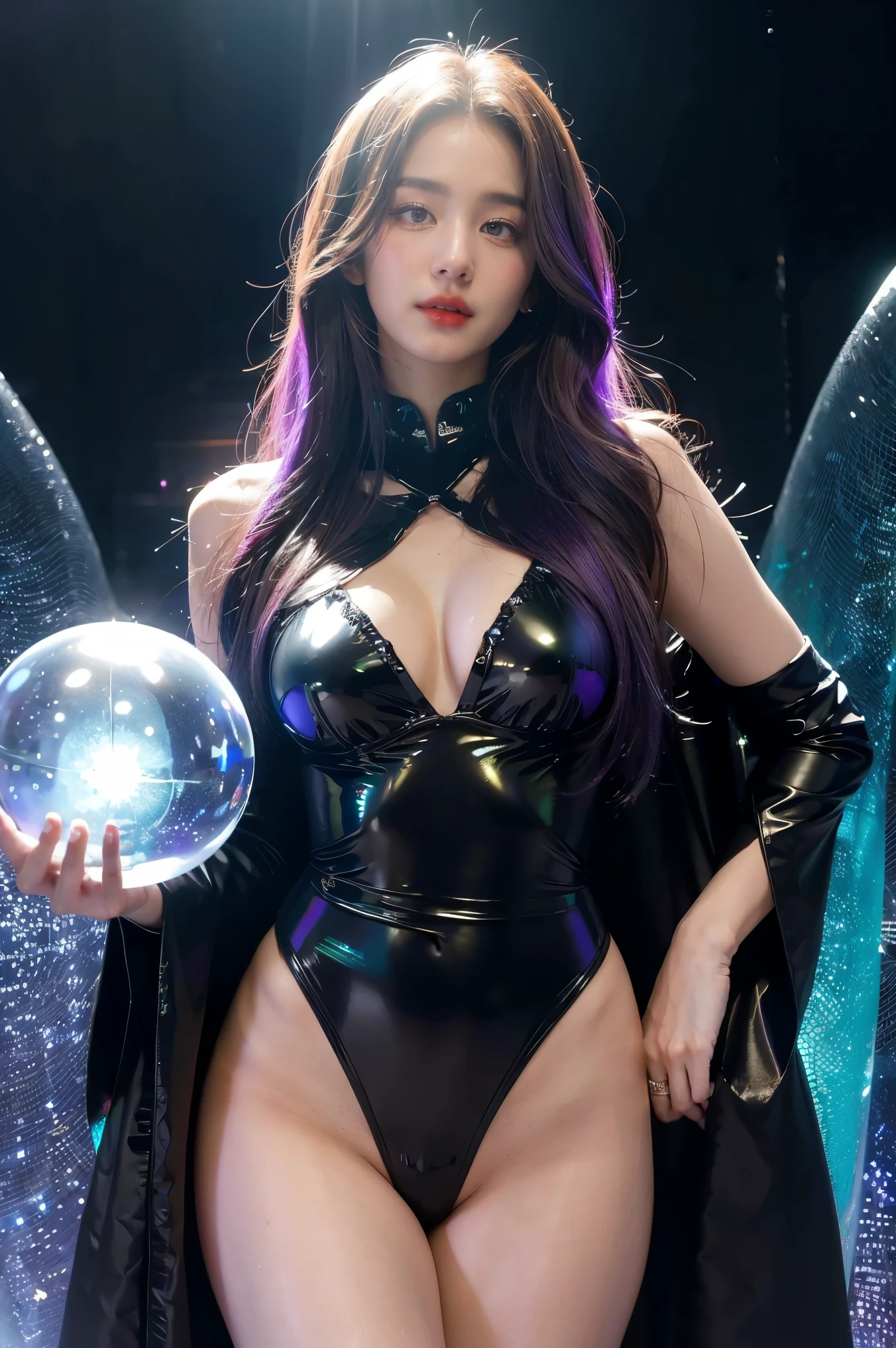 Masterpiece, best quality, 1girl, with long flowing iridescent hair in shades of purple, blue, and green, wearing a sleek black bodysuit, standing in a dramatic pose with one hand on her hip and the other holding a glowing, magical crystal ball. In the background, a swirling vortex of light and energy adds to the mysterious and enchanting atmosphere of the scene. glow hair, multicolor hair