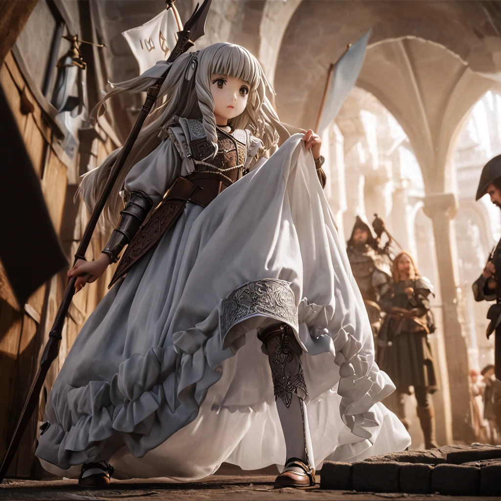 (  highly detailed CG octane rendering 8k wallpaper with a long spear ),  The World's Most Beautiful Artwork ,  with a flag attached to a long spear, Complex,  high detail, ８ year old girls, Silver embroidery,  medieval long cotton dress（With panniers）, Cotton fabric, Skirts lifted, Strong winds, Transparent slip, Translucent Tights , Peeking from below, Best Quality, Disarray of clothing,  lies down, underwear,  show off your thighs, Knight , Skirt lining, Bloomers、Leather Armor、Full body shot seen from below 
