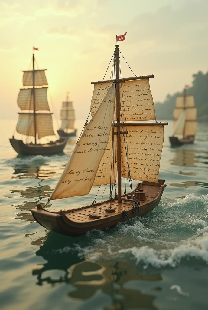 Surrealistic photo of a harbor where ships are crafted from old love letters, their sails and hulls made of folded, handwritten pages. A vast sea of love letters, each written in delicate, faded handwriting, stretches across the landscape, creating waves upon which the letter-ships drift. Soft, nostalgic lighting casts a warm glow, enhancing a sense of longing and memories preserved in the heart. The perspective is slightly elevated, capturing the vastness of the letter-sea and the ships, with a dreamlike haze that amplifies the feeling of wistful remembrance.